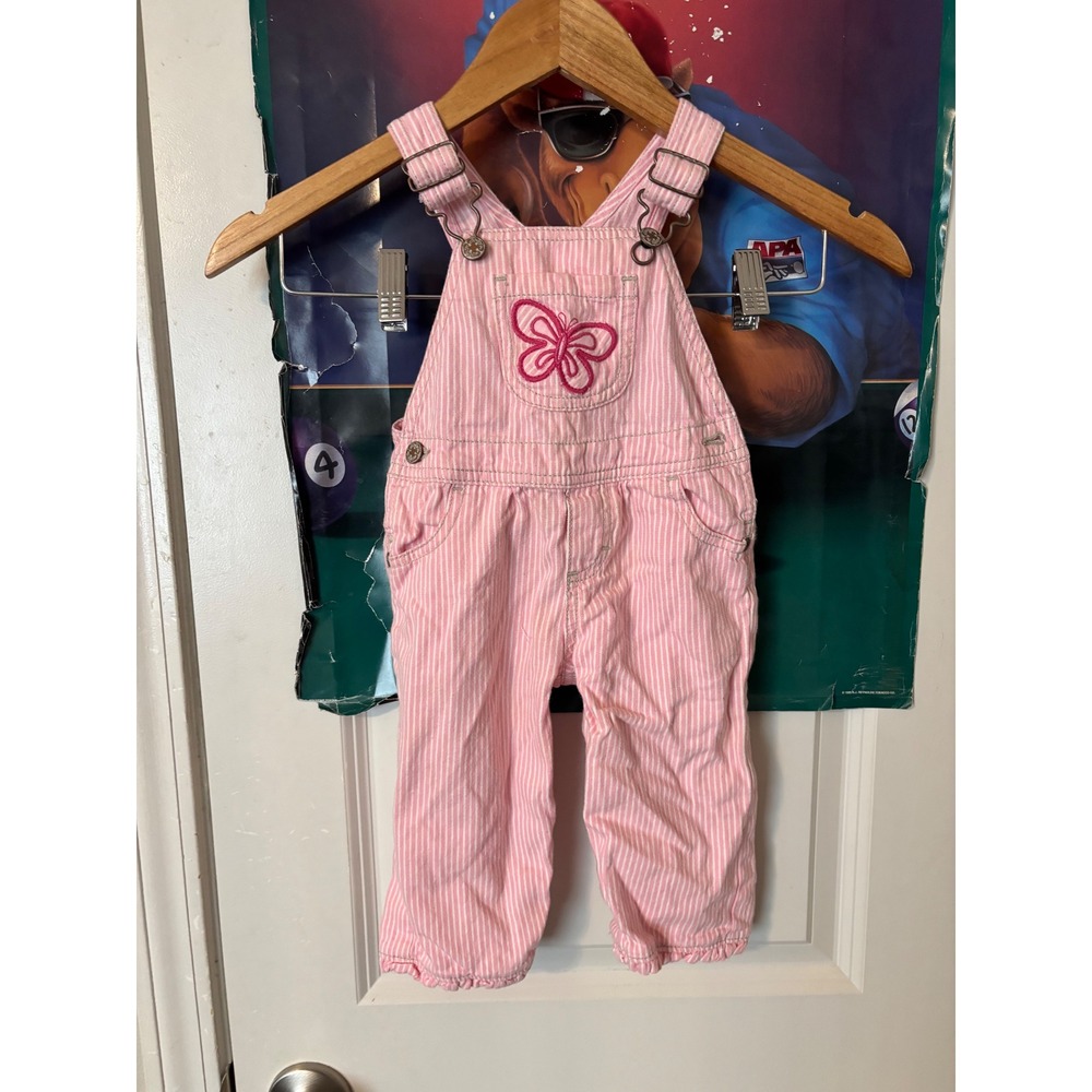 OshKosh Bgosh Pink Hickory Stripe Butterfly Overalls Girls 12 Months Cotton Bib